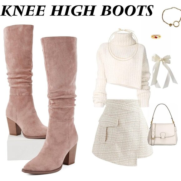 Women's Pointed Toe Knee High Faux Suede Slouch Taupe High Boots Chunky Heels - Picture 7 of 8